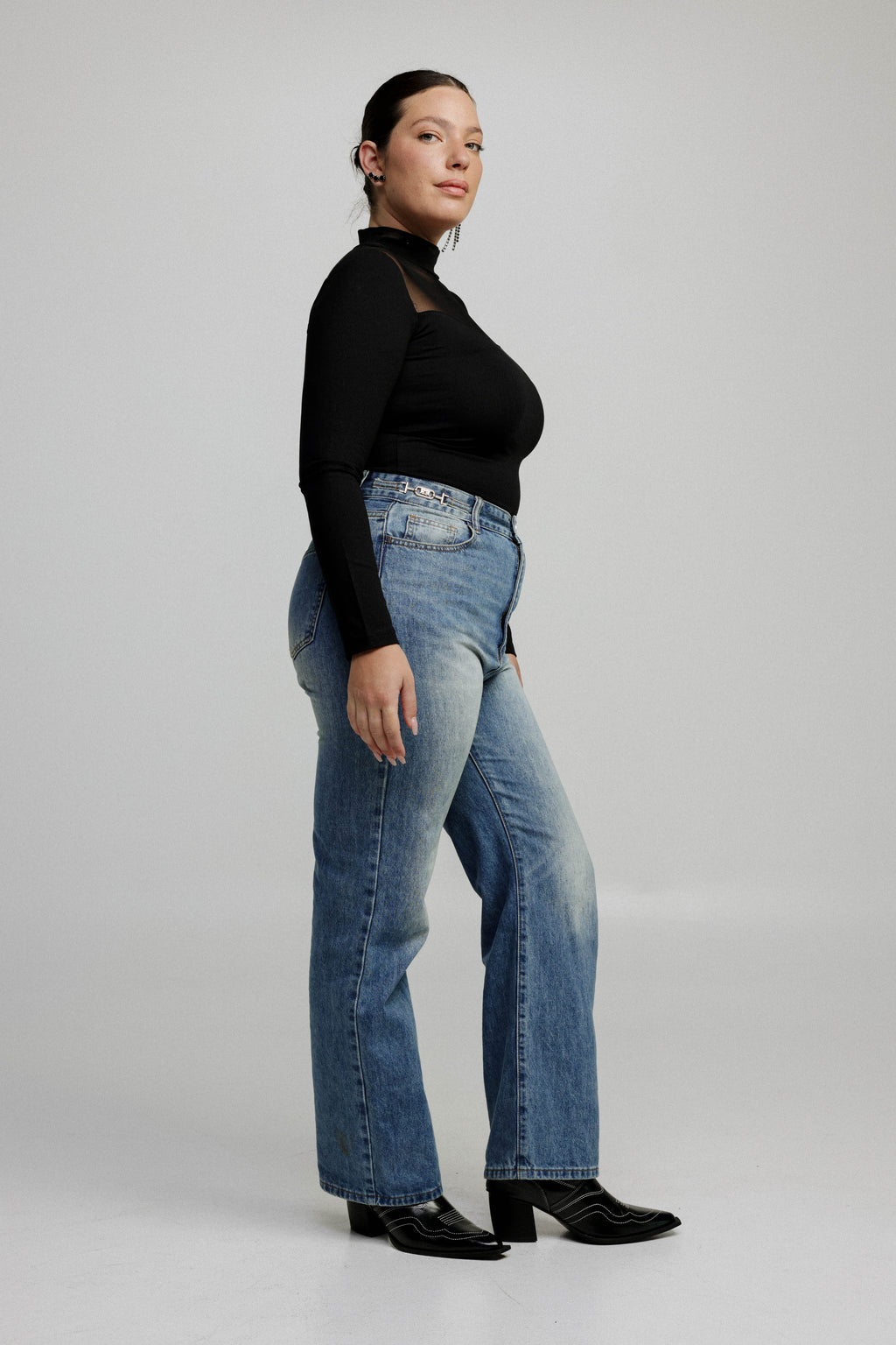 Women's Mesh Panel High-Neck Top Long Sleeve Slim Fit - 11