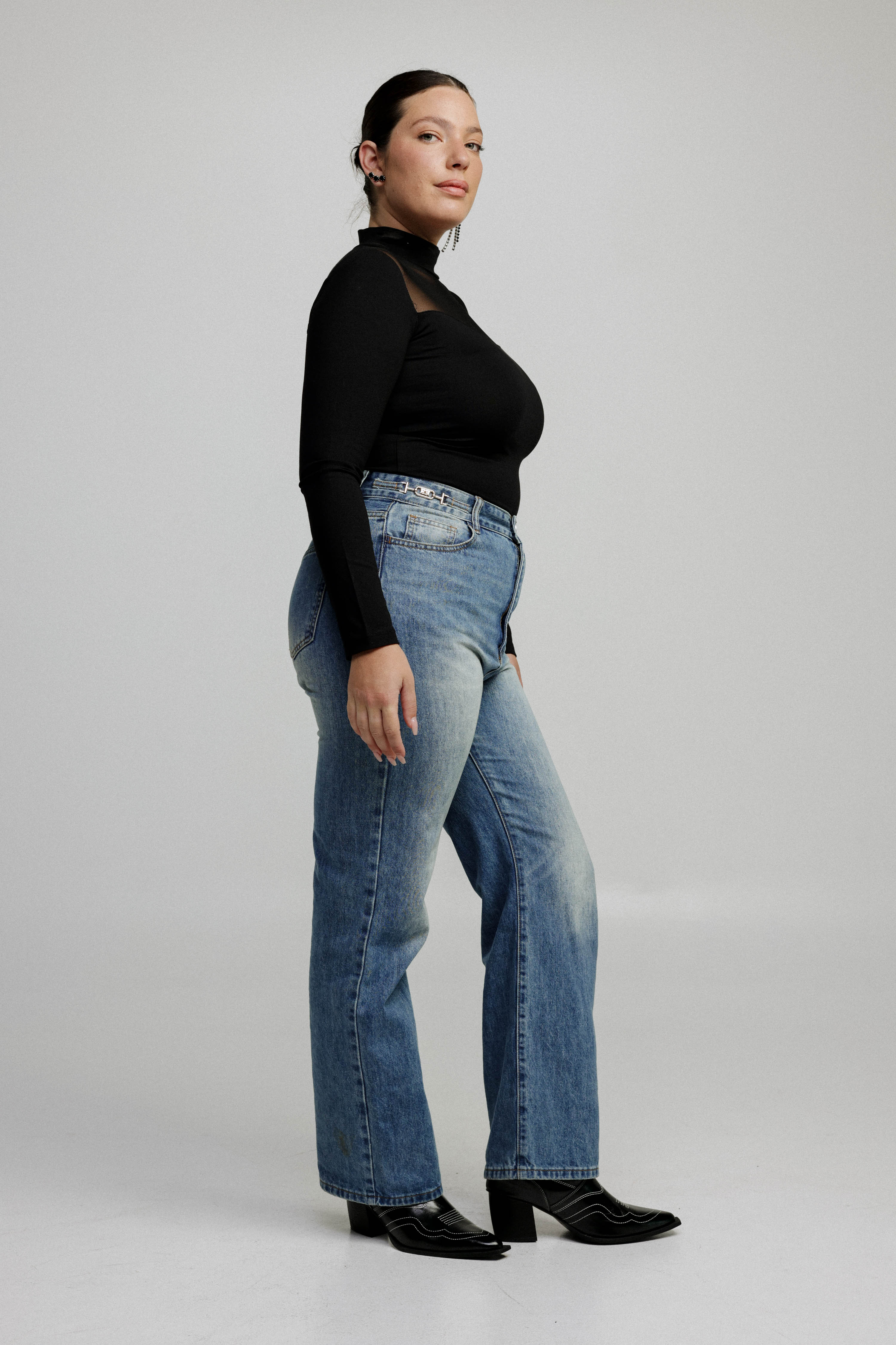 Women's Mesh Panel High-Neck Top Long Sleeve Slim Fit - 11