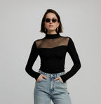 Women's Mesh Panel High-Neck Top Long Sleeve Slim Fit - 2