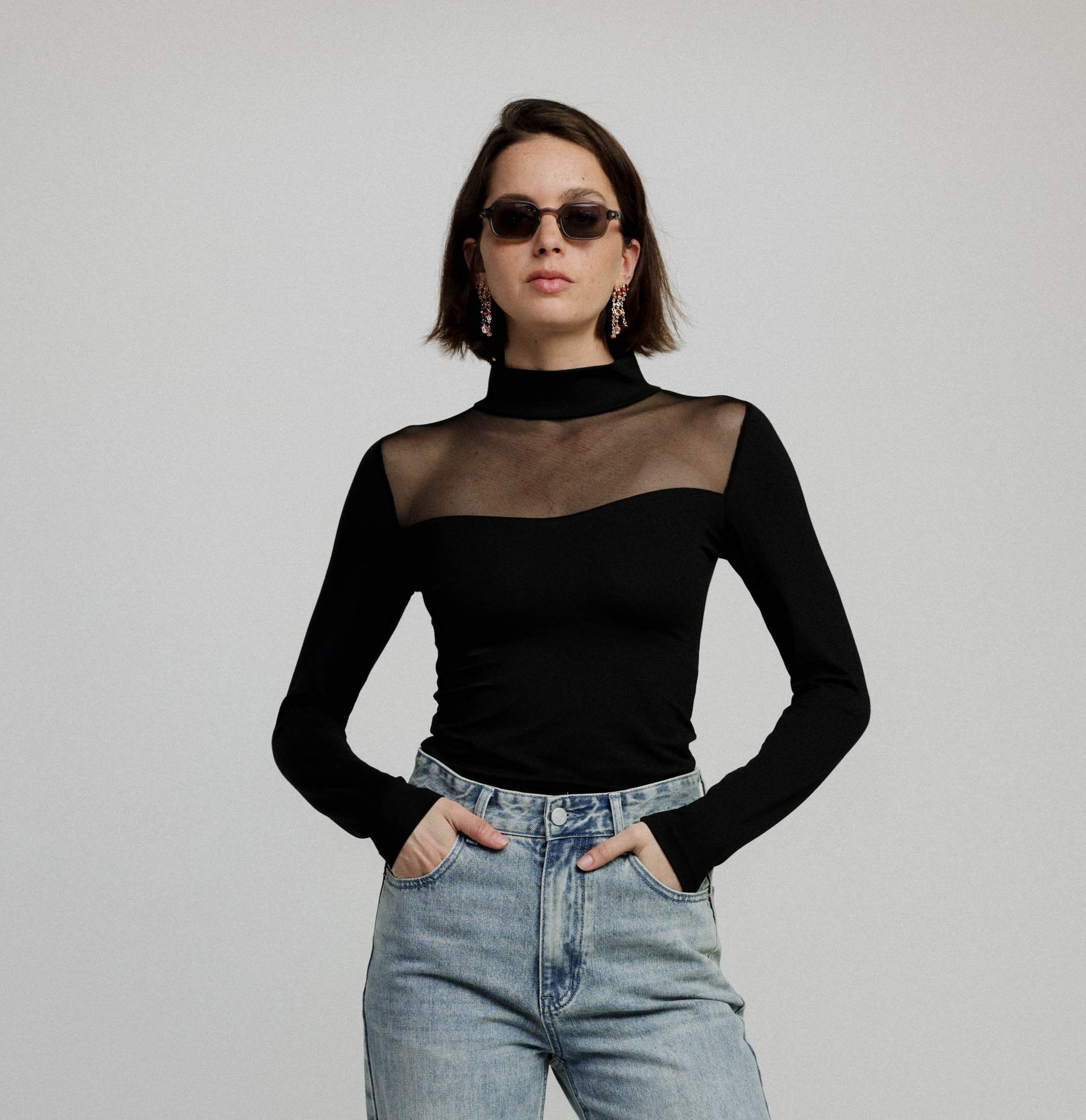 Women's Mesh Panel High-Neck Top Long Sleeve Slim Fit - 2