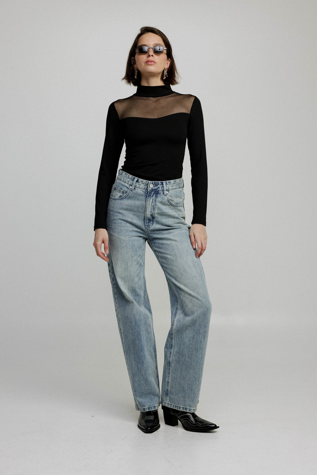 Women's Mesh Panel High-Neck Top Long Sleeve Slim Fit - 6