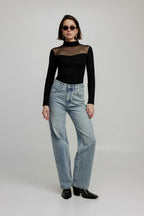 Women's Mesh Panel High-Neck Top Long Sleeve Slim Fit - 8