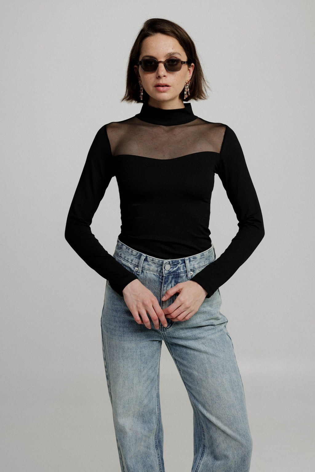 Women's Mesh Panel High-Neck Top Long Sleeve Slim Fit - 5