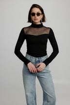 Women's Mesh Panel High-Neck Top Long Sleeve Slim Fit - 5