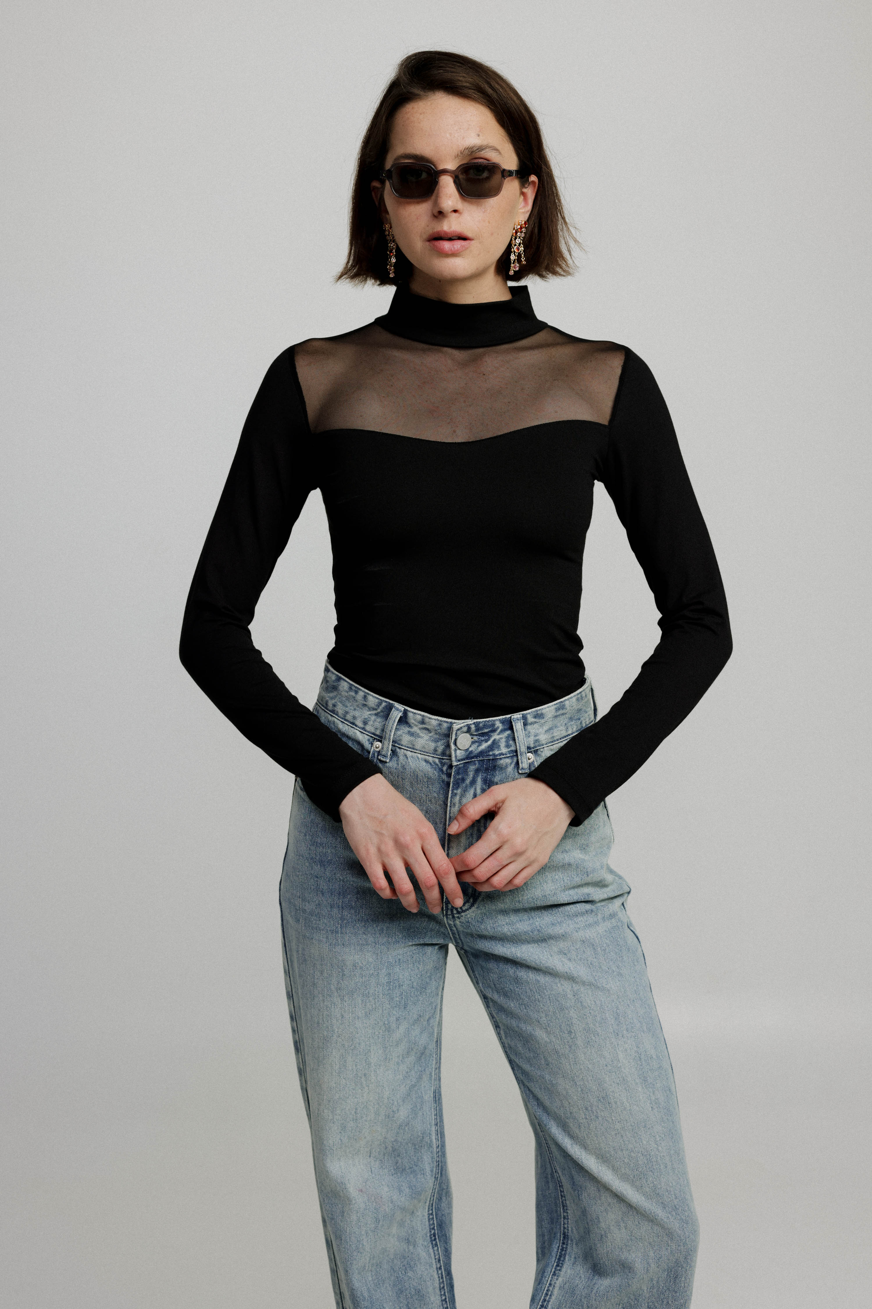 Women's Mesh Panel High-Neck Top Long Sleeve Slim Fit - 5