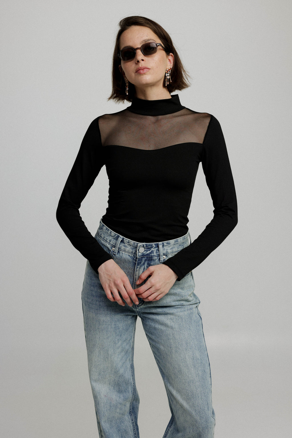 Women's Mesh Panel High-Neck Top Long Sleeve Slim Fit - 3