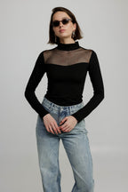 Women's Mesh Panel High-Neck Top Long Sleeve Slim Fit - 3