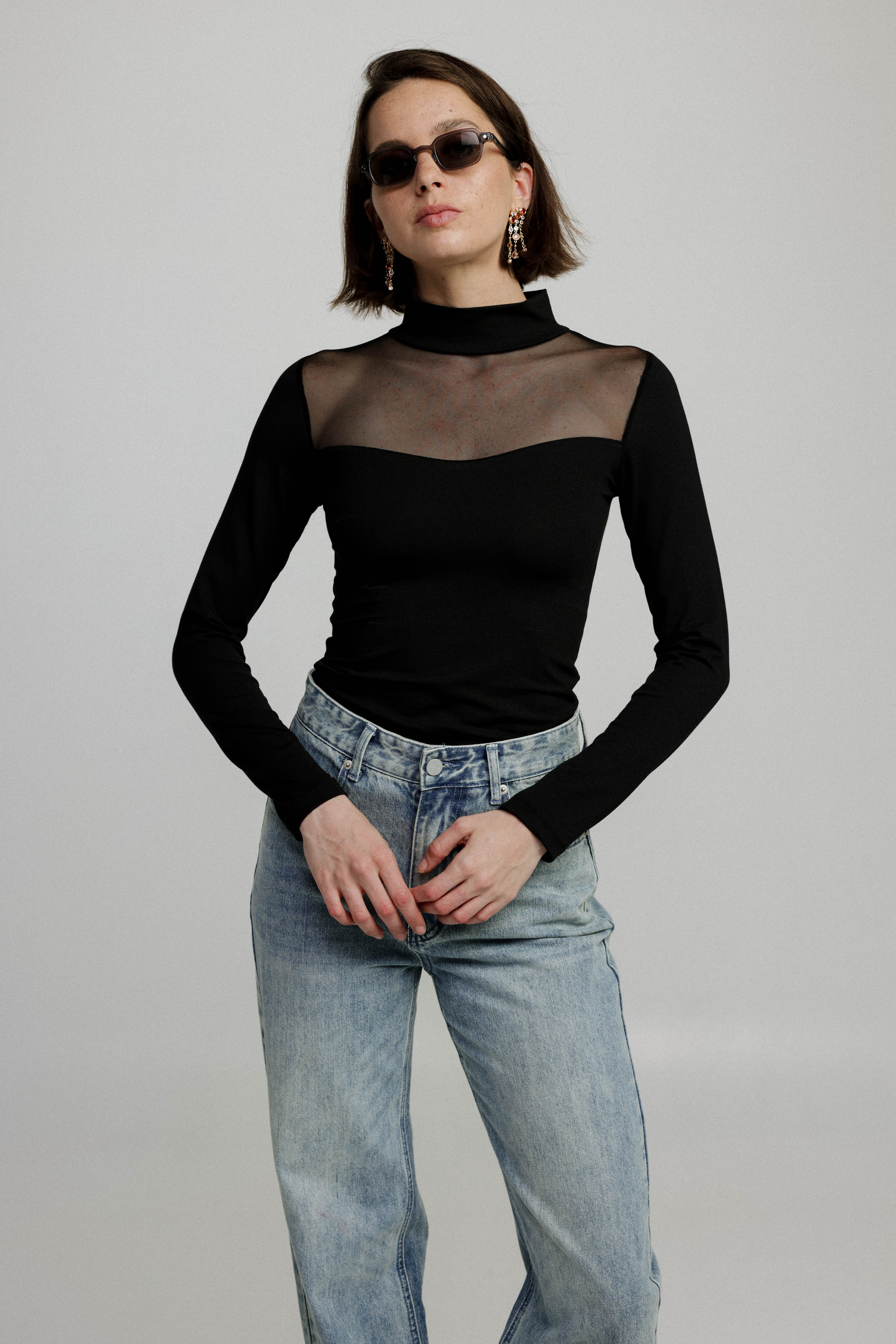 Women's Mesh Panel High-Neck Top Long Sleeve Slim Fit - 3