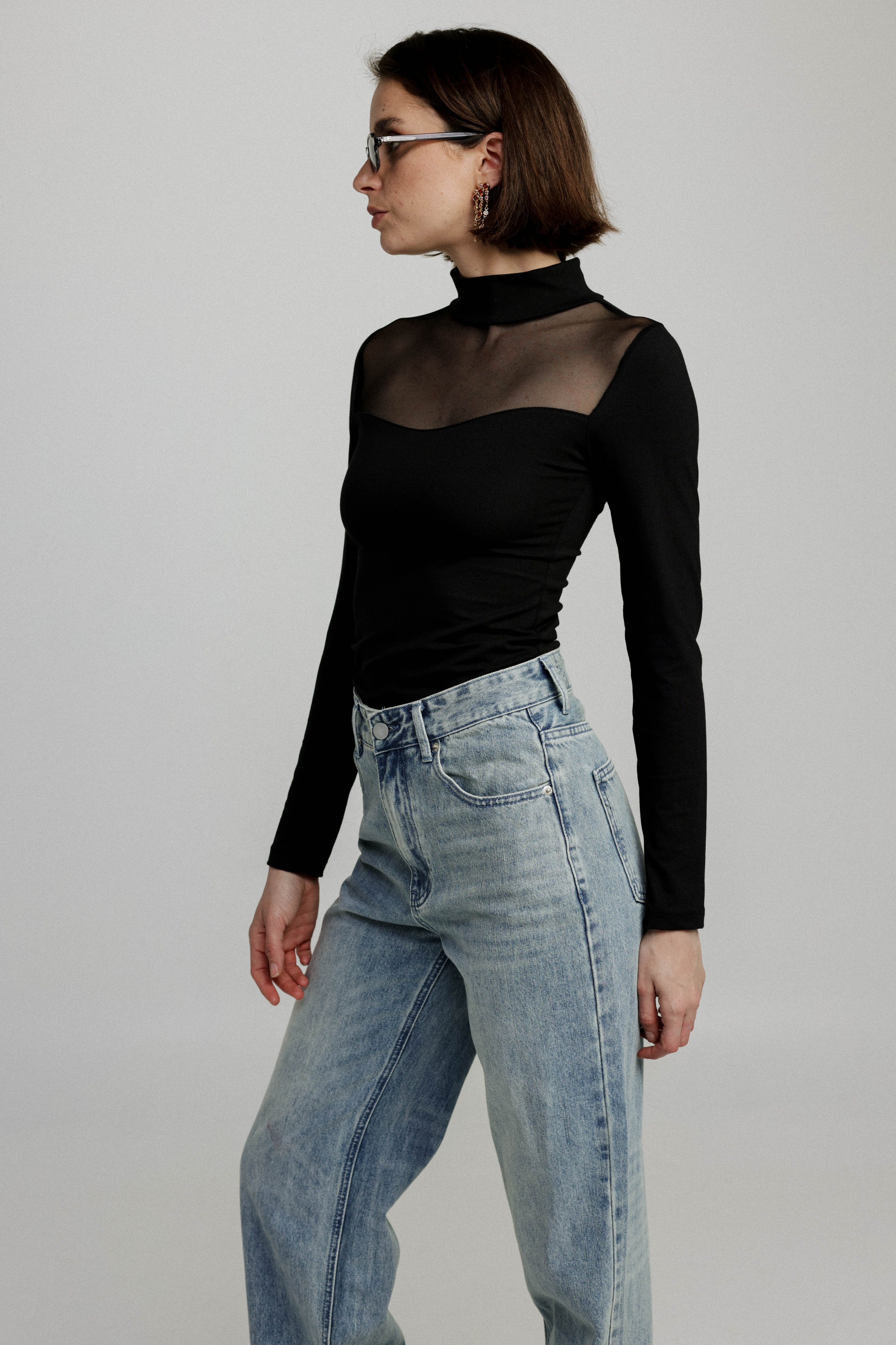 Women's Mesh Panel High-Neck Top Long Sleeve Slim Fit - 4