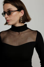 Women's Mesh Panel High-Neck Top Long Sleeve Slim Fit - 7