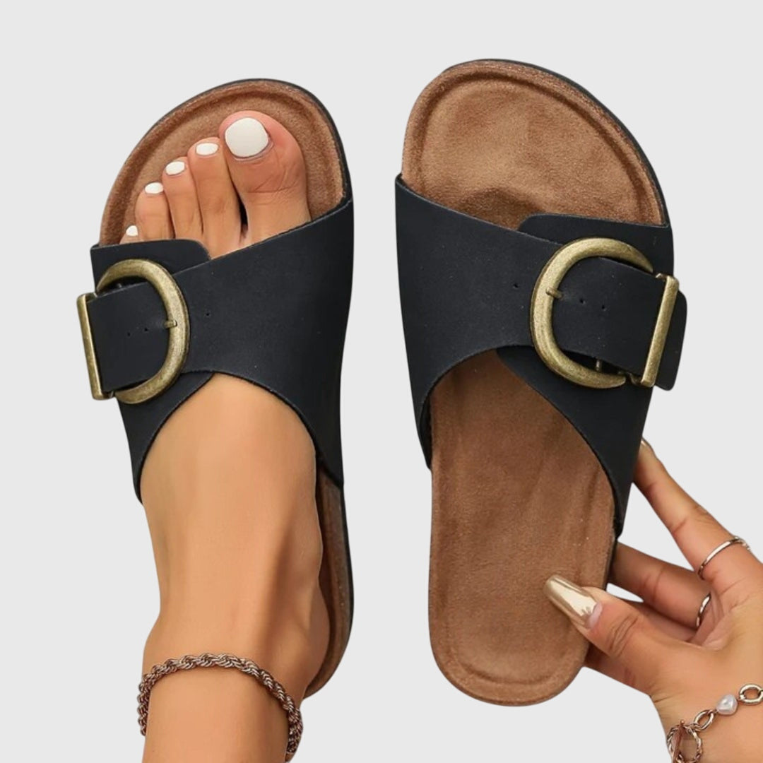 Women's Sandals with Adjustable Buckle and Contoured Footbed - Black