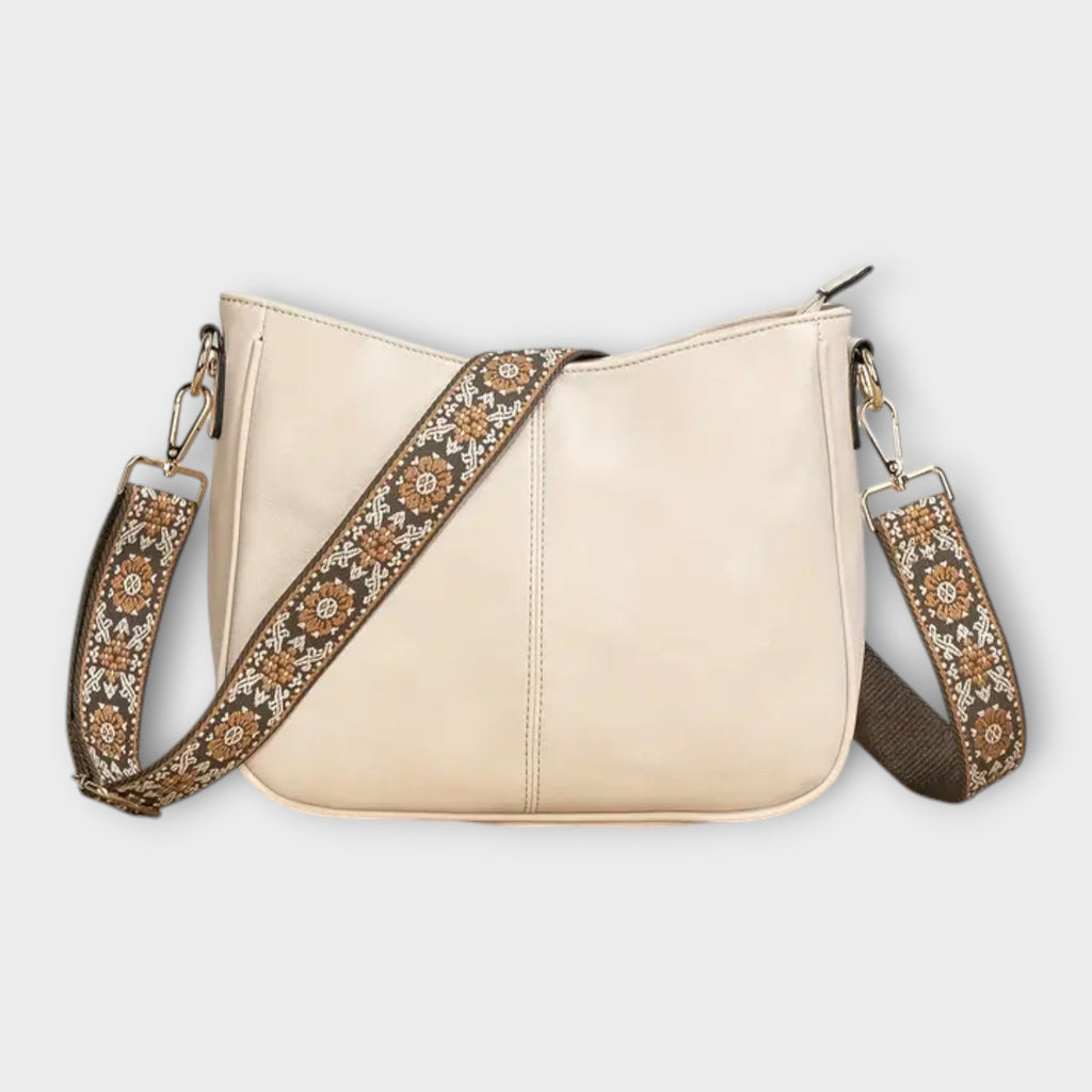 Women's Crossbody Bag with Embroidered Strap - White