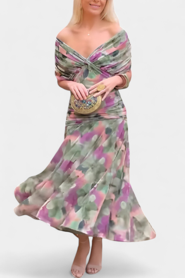 Women's Off-Shoulder Maxi Dress with V-Neck and Pleated Waist - Green and Purple