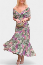 Women's Off-Shoulder Maxi Dress with V-Neck and Pleated Waist - Green and Purple