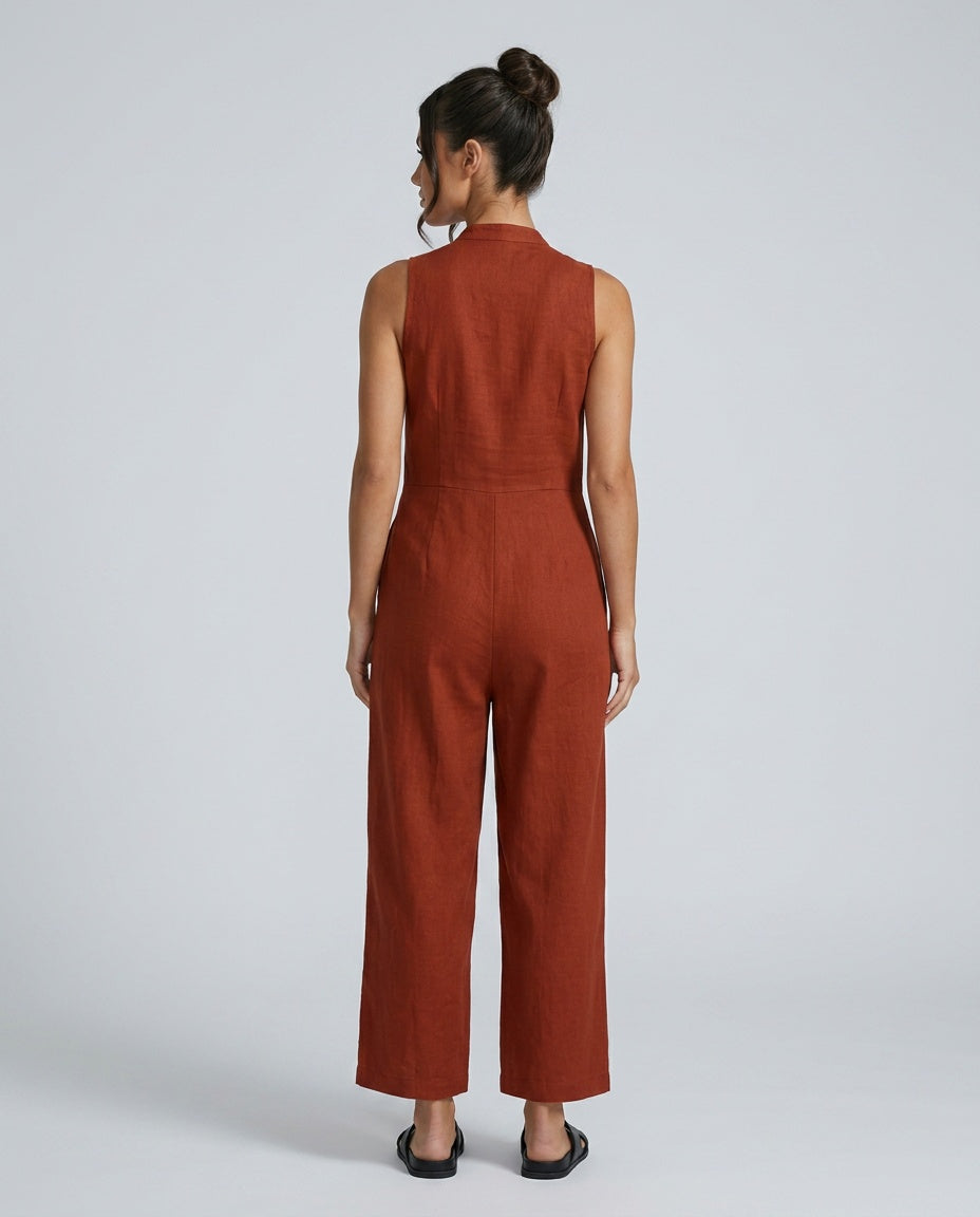 Women's Sleeveless Jumpsuit with Stand Collar and Wide Leg - 15