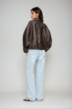 Women's Oversized Faux Leather Jacket with Waist Belt - 4