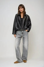Women's Oversized Faux Leather Jacket with Waist Belt - 5