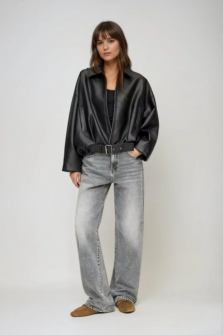 Women's Oversized Faux Leather Jacket with Waist Belt - 5