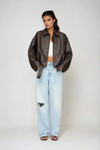 Women's Oversized Faux Leather Jacket with Waist Belt - 3