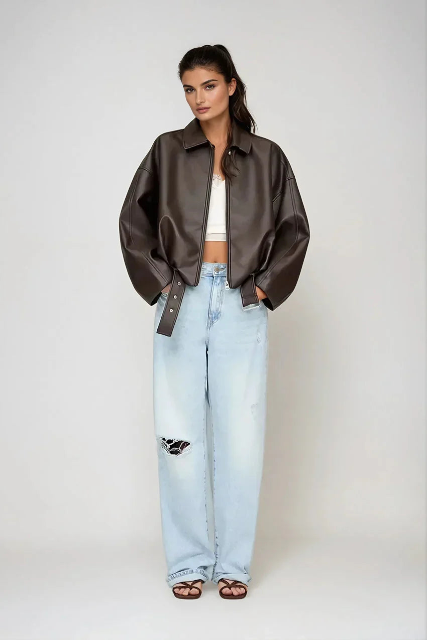 Women's Oversized Faux Leather Jacket with Waist Belt - 3