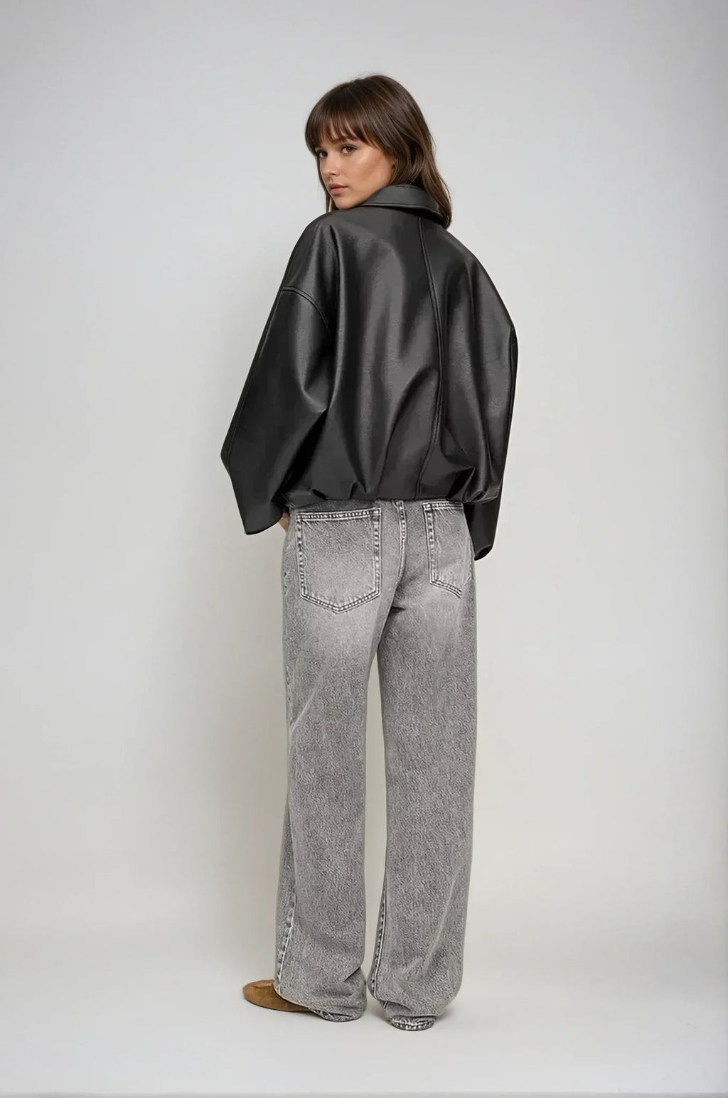 Women's Oversized Faux Leather Jacket with Waist Belt - 6