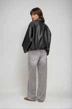 Women's Oversized Faux Leather Jacket with Waist Belt - 6