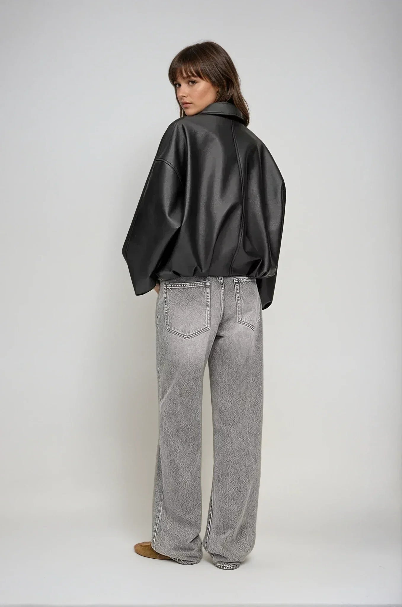 Women's Oversized Faux Leather Jacket with Waist Belt - 6