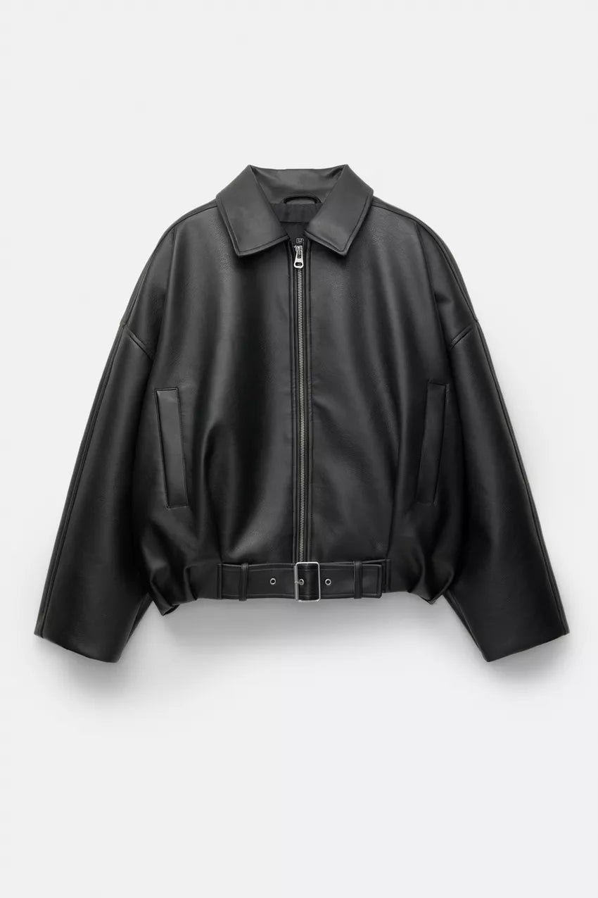 Women's Oversized Faux Leather Jacket with Waist Belt - Black