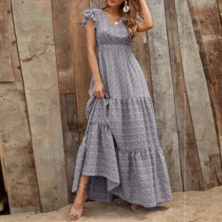 Women's Floral Print Maxi Dress with V-Neck and Ruffle Sleeves - Pink