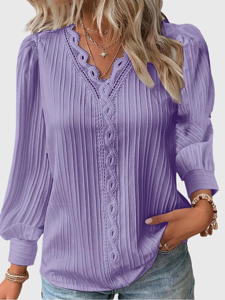Women's Blouse Long Sleeve with Lace Trim V-Neck - Purple