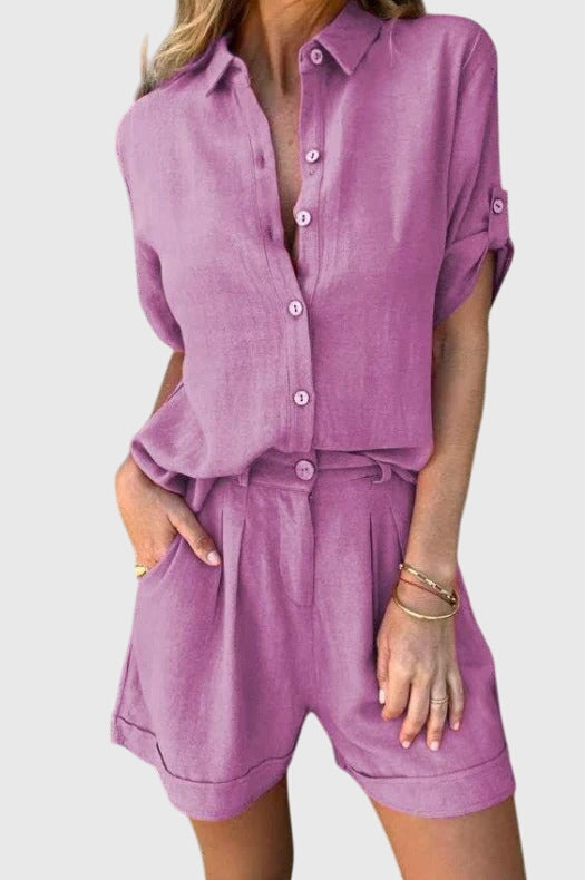Women's Two-Piece Set Collared Shirt with Shorts - Pink