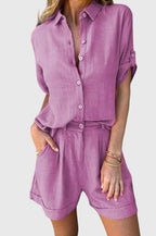 Women's Two-Piece Set Collared Shirt with Shorts - Pink