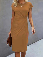 Women's Midi Dress with Round Neck and Ruched Waist - Khaki