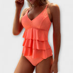 Women's Tankini Swimsuit V-Neck with Tiered Ruffles - Orange
