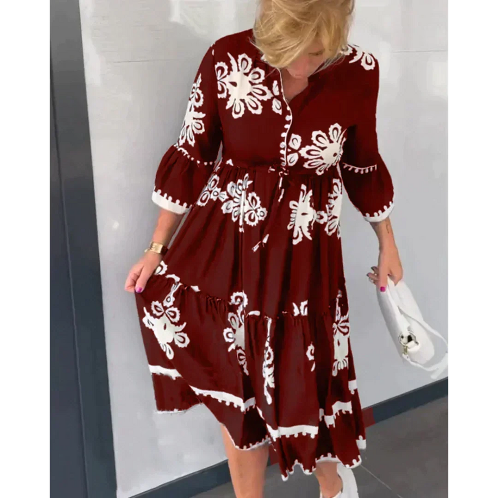 Women's Floral Print Dress with Three-Quarter Sleeves and Tiered Hem - 9