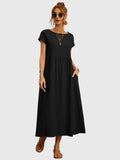 Women's Casual Pocket Dress with Round Neck and Short Sleeves - Black