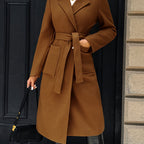 Women's Belted Long Coat Notch Lapel Front Pockets - Light Brown