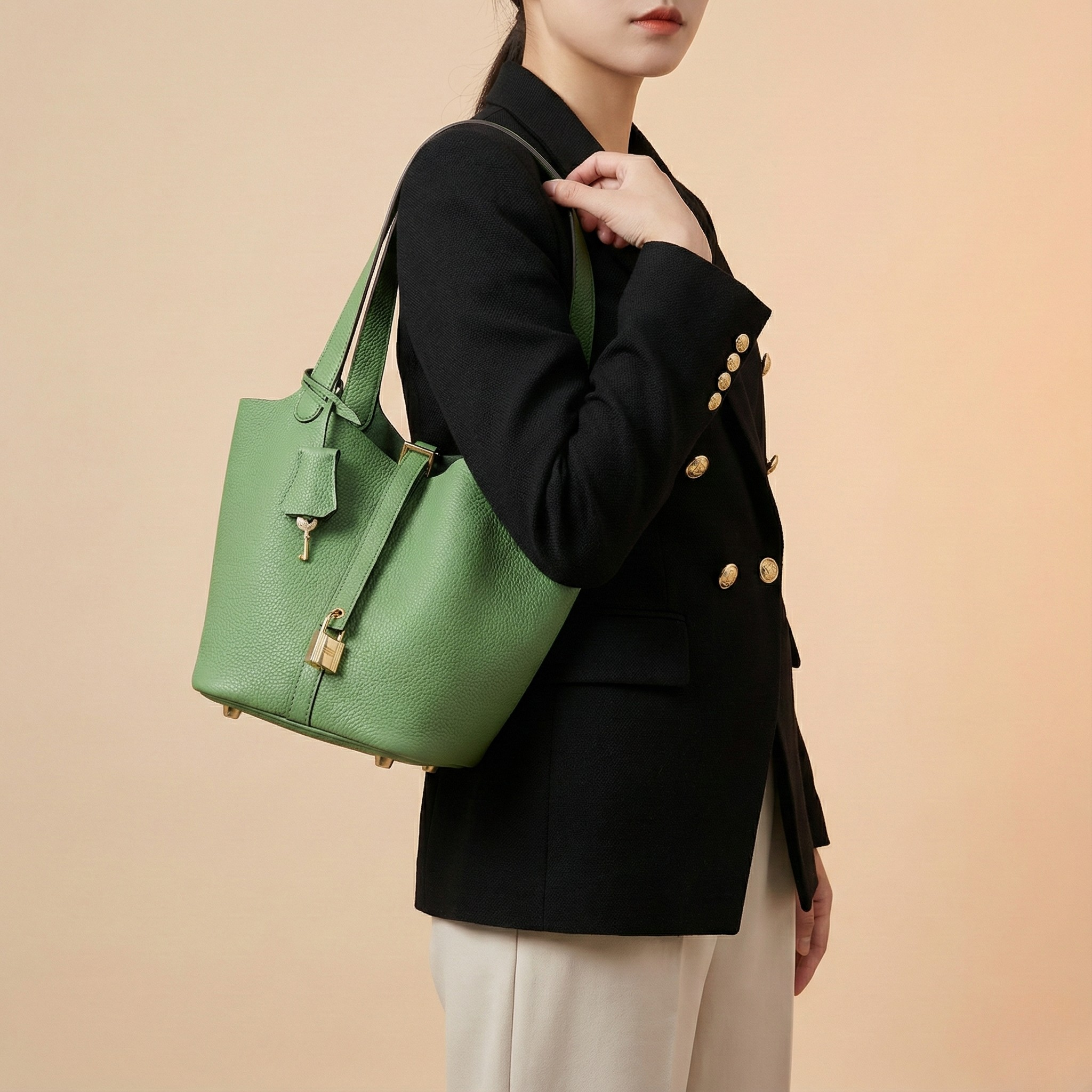 Women's Structured Bucket Bag with Twist-Lock Clasp - Green Willow