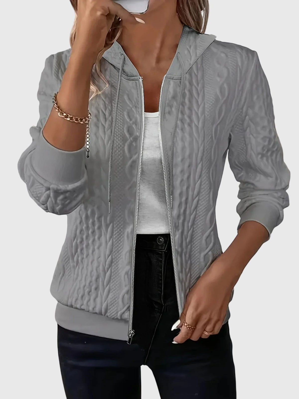 Women's Zip-Up Hoodie with Textured Cable Knit Print - Grey