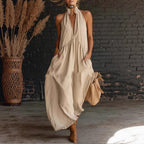 Women's Halter Neck Maxi Dress with Button Front and Relaxed Silhouette - Khaki