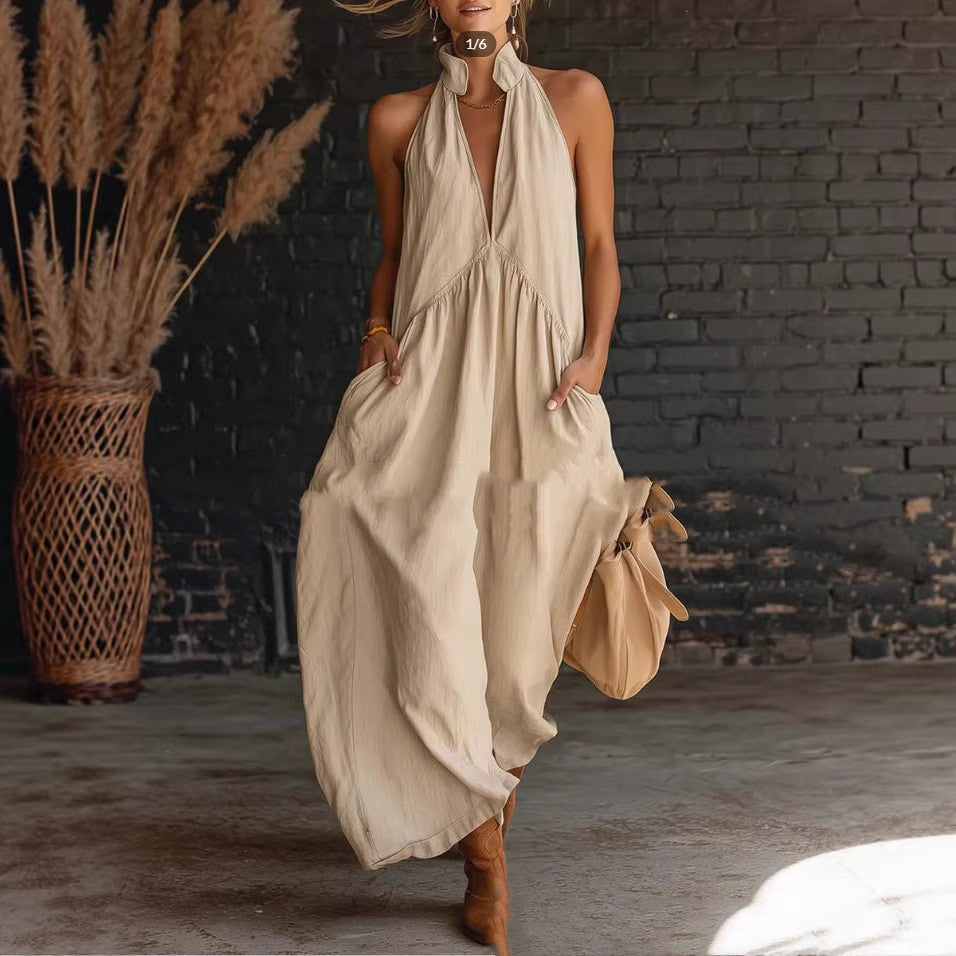 Women's Halter Neck Maxi Dress with Button Front and Relaxed Silhouette - Khaki