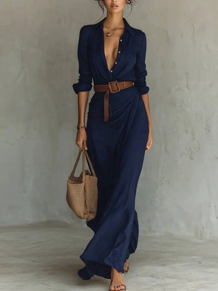 Women's Maxi Shirt Dress with Belt and Long Sleeves - Navy Blue
