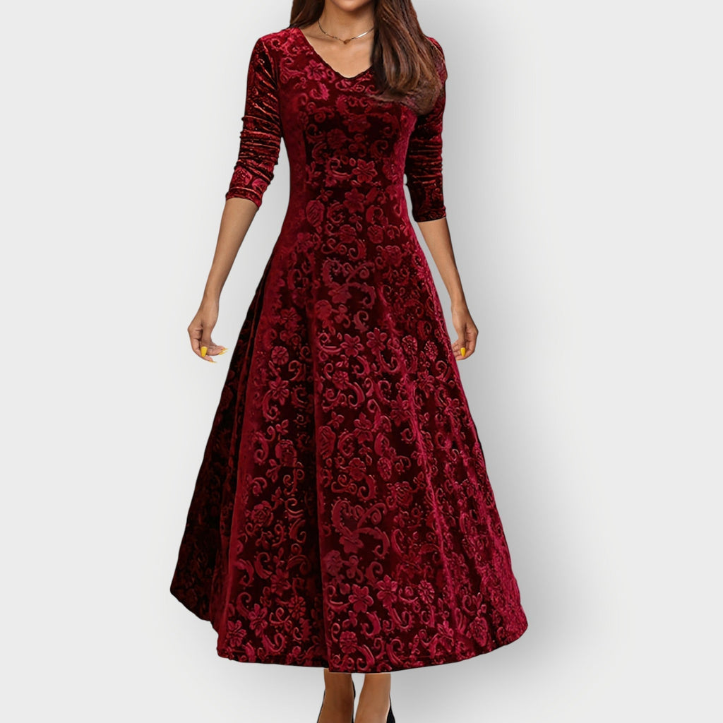 Women's Midi Dress with V-Neck and Flared Skirt - Red