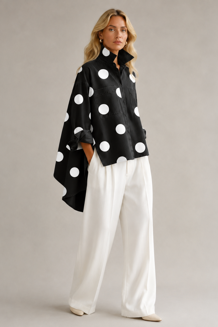 Women's Polka Dot Blouse Oversized with Dramatic Draped Back - 2