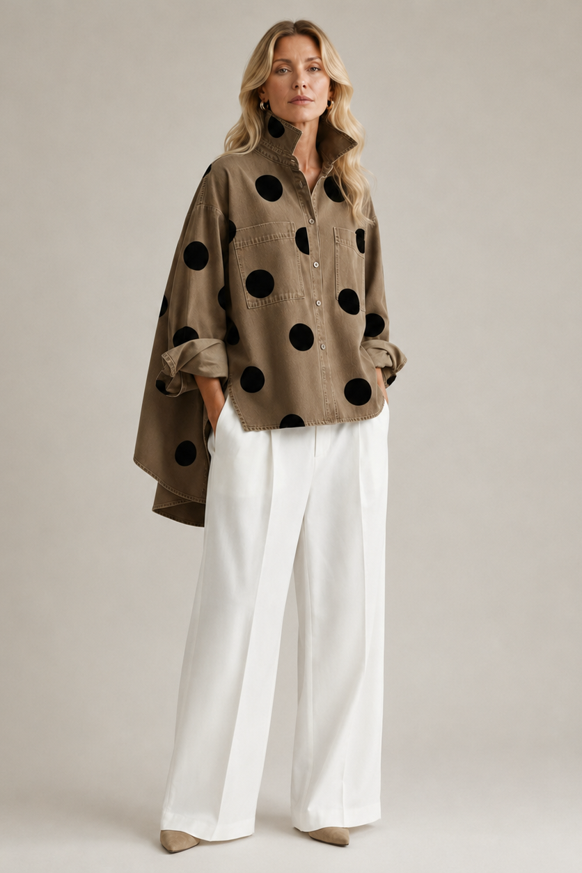 Women's Polka Dot Blouse Oversized with Dramatic Draped Back - 8