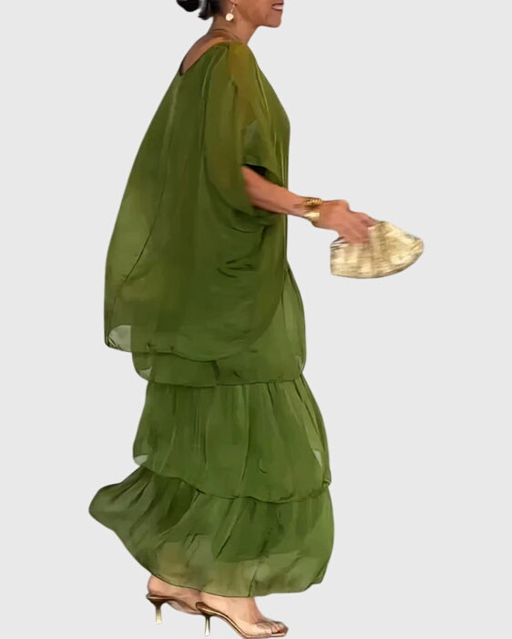 Women's Tiered Maxi Dress with Round Neck and Long Sleeves - 6