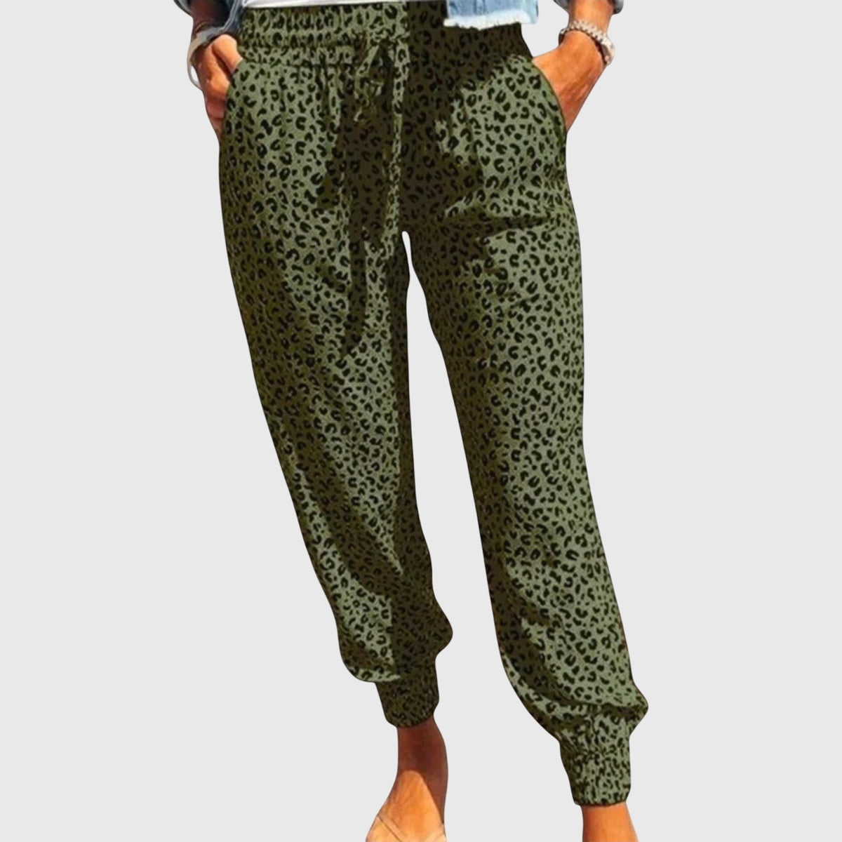 Women's Wide Leg Trousers with Animal Print and Elasticated Waist - Green