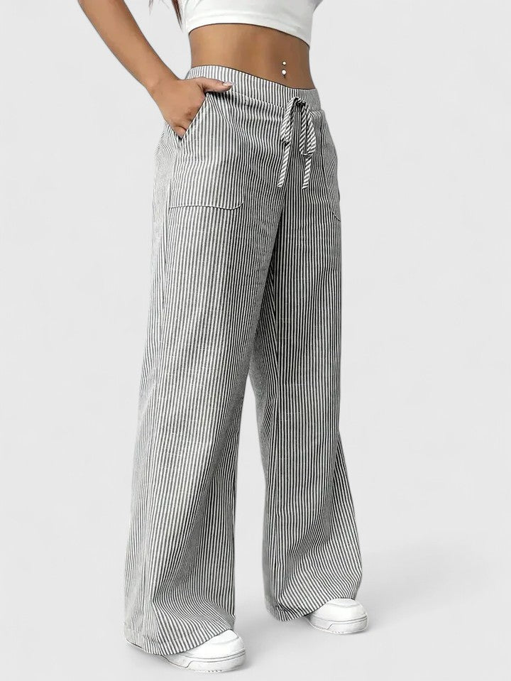 Women's Wide-Leg Trousers with Elasticated Drawstring Waist - Grey