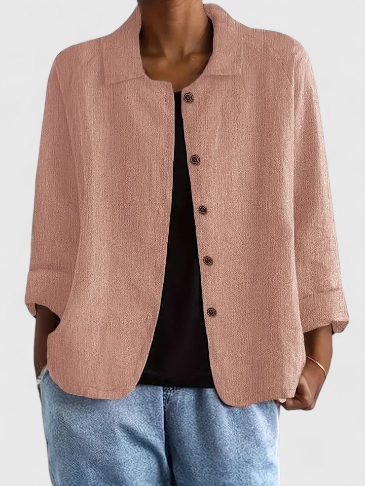Women's Button-Up Top with Collar and Long Sleeves - Pink