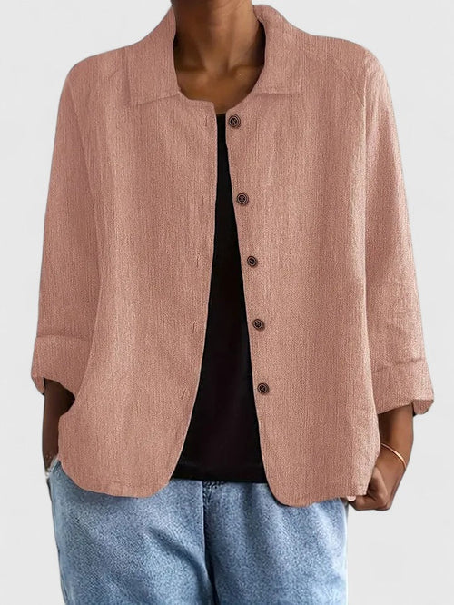 Women's Button-Up Top with Collar and Long Sleeves - Pink